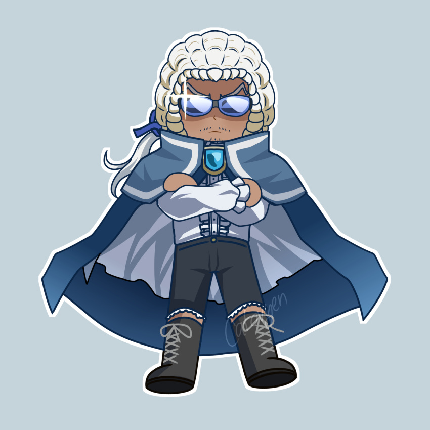 1boy, black_footwear, black_pants, blue_background, blue_cape, blue_ribbon, boots, brooch