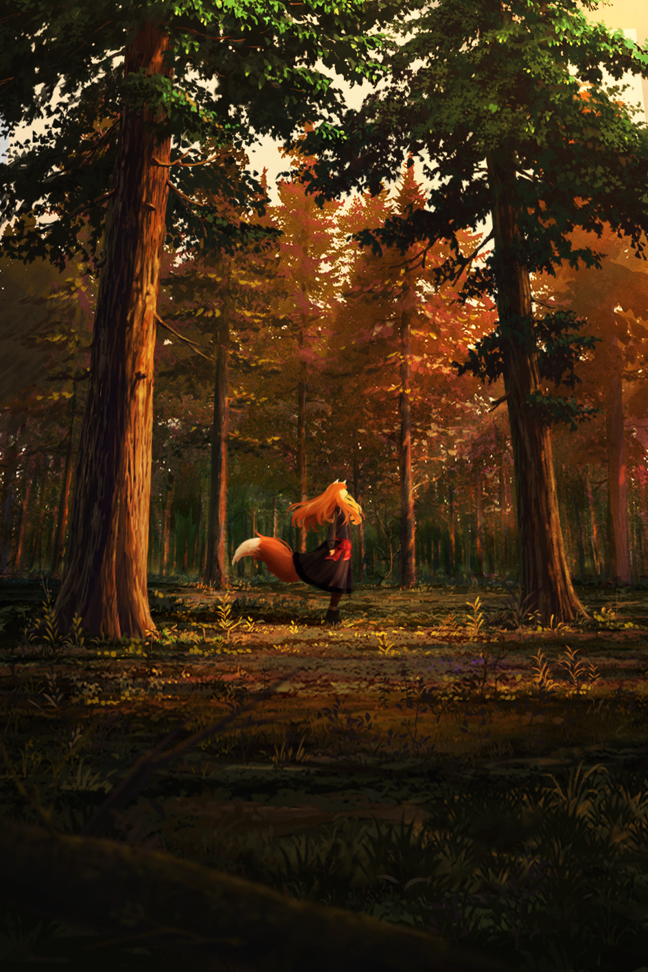 1girl, animal_ears, black_footwear, black_shirt, black_skirt, brown_hair, brown_pants, brown_tail, commentary, evening, forest, from_side, grass, highres, holo, junwon09, long_hair, nature, outdoors, pants, pants_under_skirt, red_sash, sash, scenery, shirt, skirt, solo, spice_and_wolf, standing, sunset, tail, tree, two-tone_tail, white_tail, wide_shot, wolf_ears, wolf_girl, wolf_tail