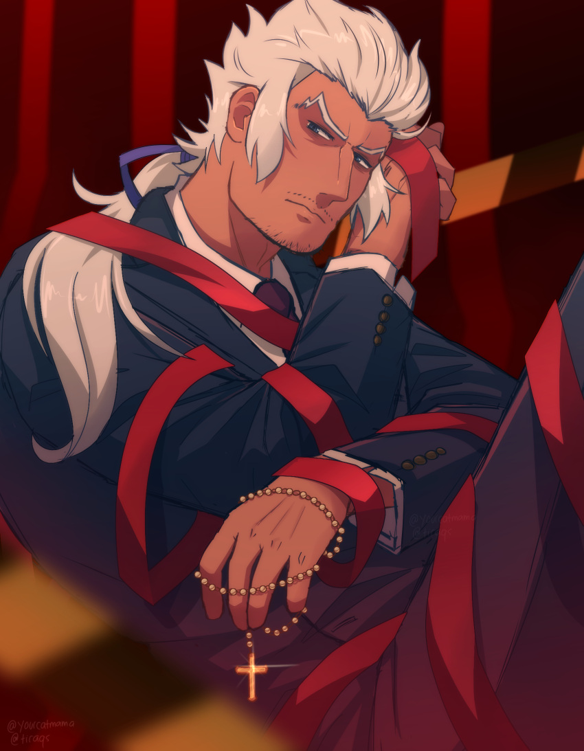 1boy, aquiline_nose, artist_name, blue_eyes, blue_ribbon, catovyen, classicaloid, collared_shirt