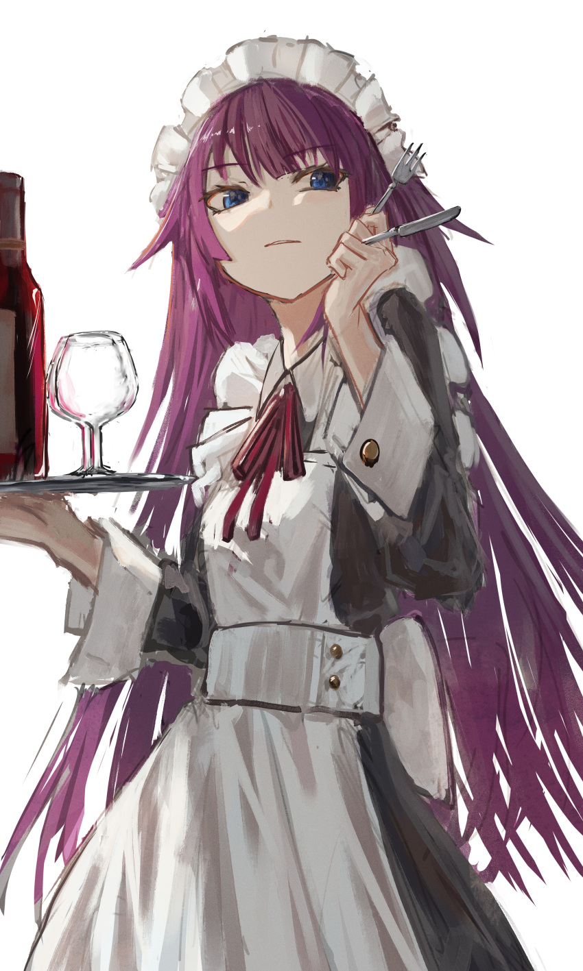 1girl, absurdres, alternate_costume, apron, between_fingers, black_dress, blue_eyes, blush, bottle, cokei, collared_dress, cowboy_shot, dress, frilled_apron, frilled_hairband, frills, hairband, hands_up, highres, holding, holding_tray, long_hair, looking_to_the_side, maid, maid_headdress, monogatari_(series), neck_ribbon, parted_lips, purple_hair, red_ribbon, ribbon, senjougahara_hitagi, shadow, simple_background, sketch, solo, tray, very_long_hair, white_apron, white_background, wine_bottle