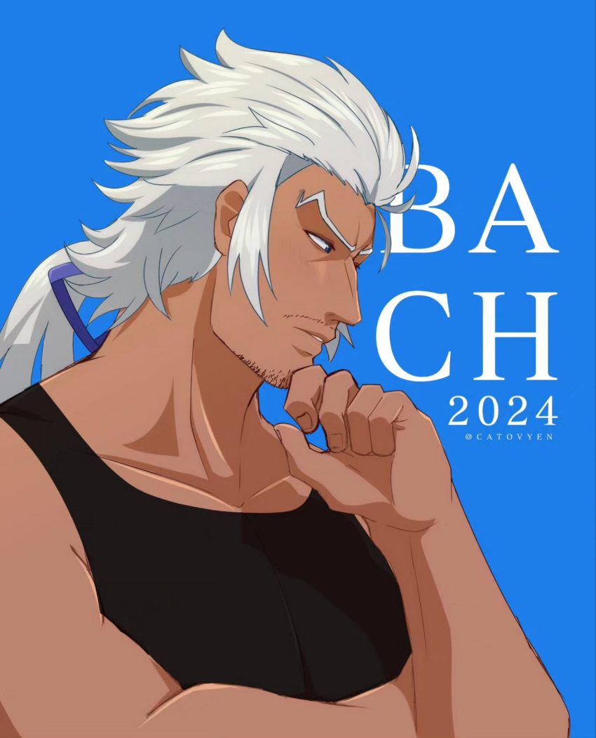 1boy, 2024, aquiline_nose, artist_name, black_shirt, blue_background, blue_ribbon, catovyen