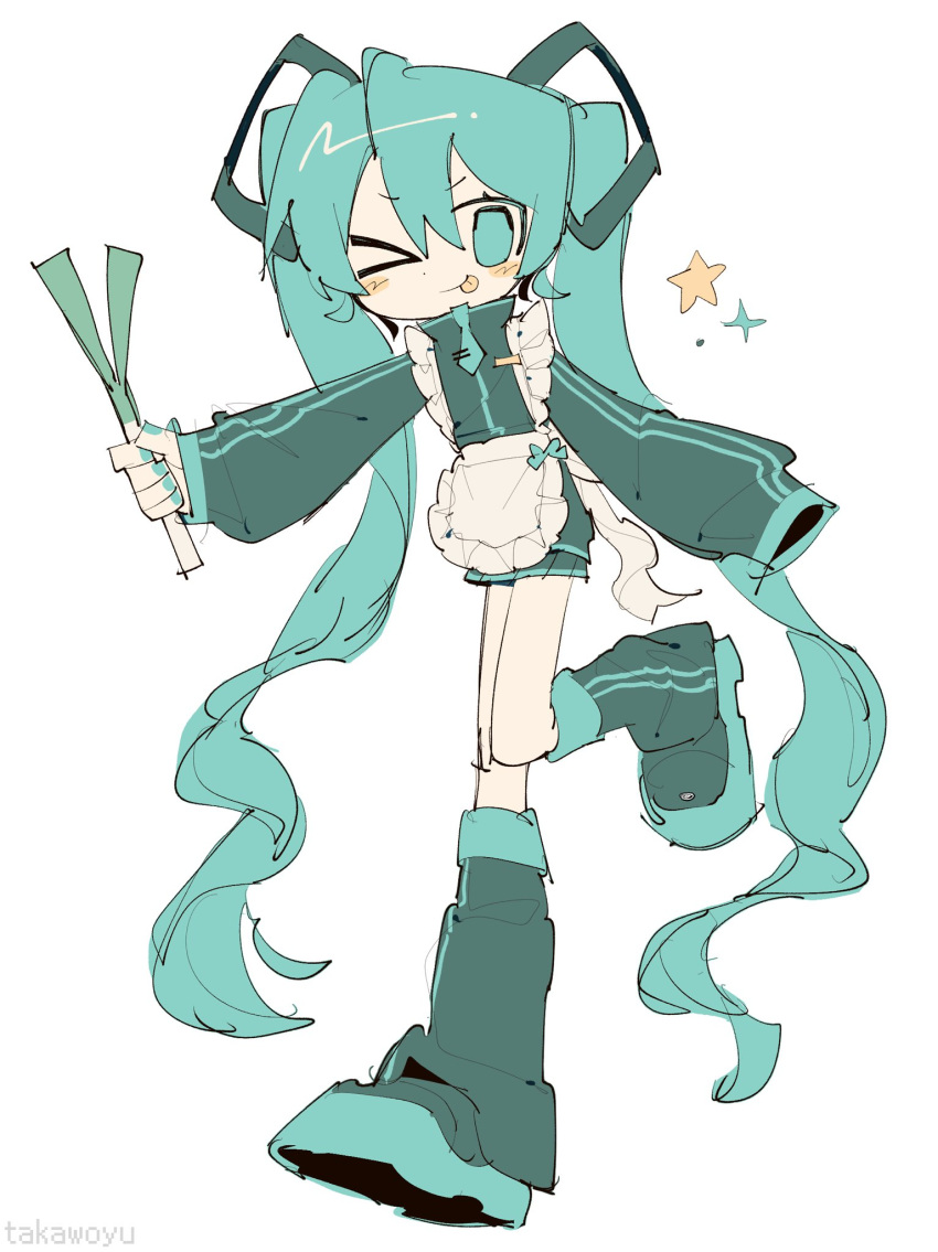 >_o, 1girl, ;p, apron, aqua_bow, aqua_eyes, aqua_hair, aqua_nails