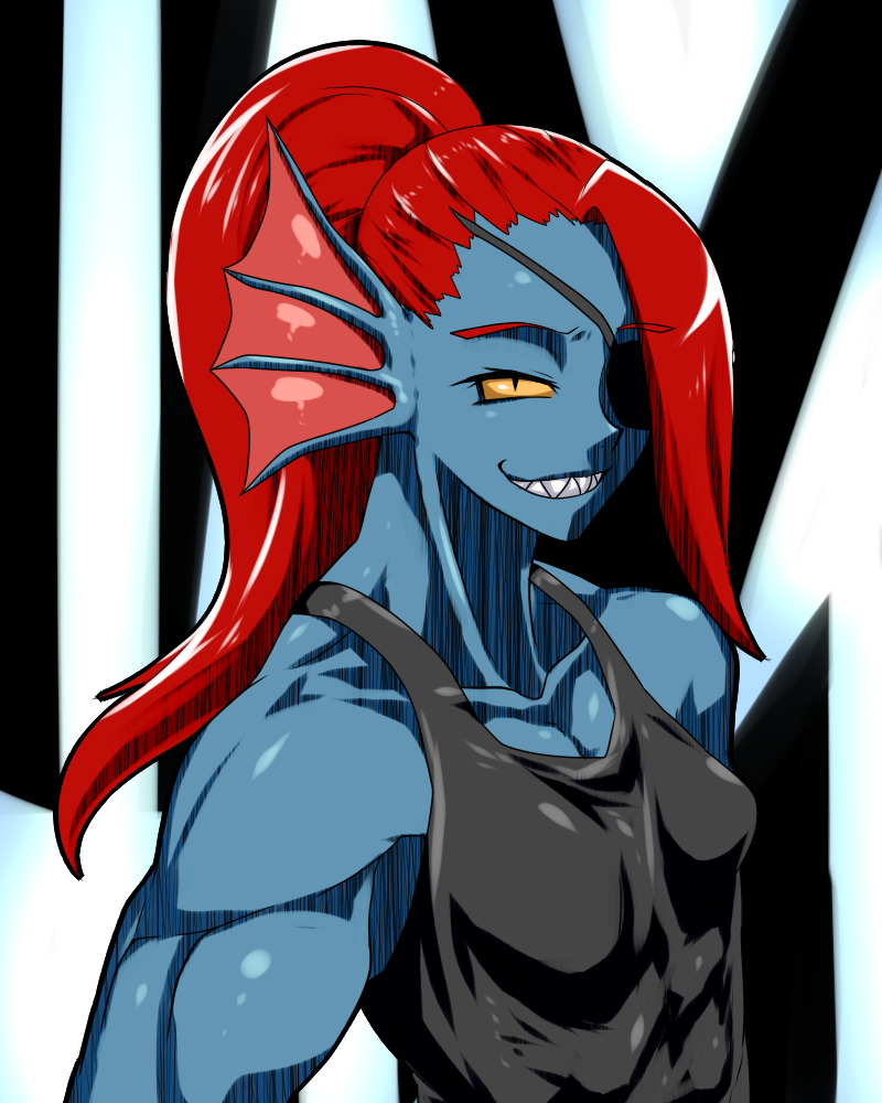1girl, 2017, 2d, anthro, black_eyepatch, black_tank_top, blue_skin, colored_sclera