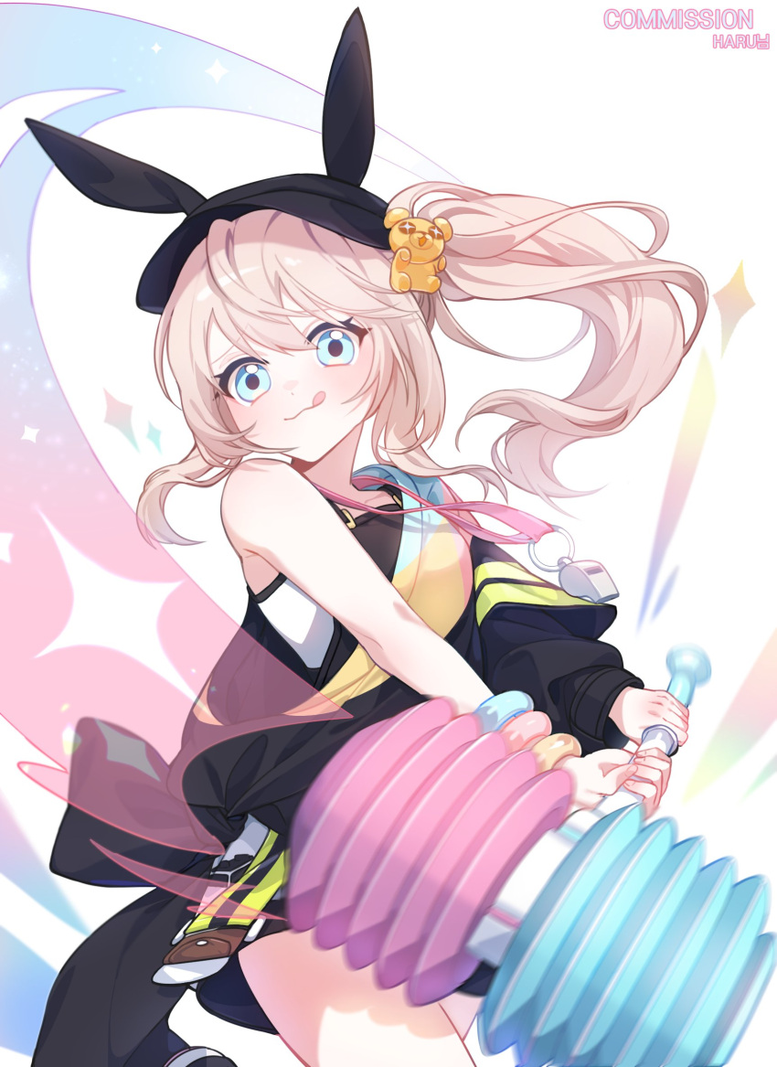1girl, :3, animal_ear_headwear, animal_ears, bare_shoulders, baseball_cap, black_hat, black_shirt