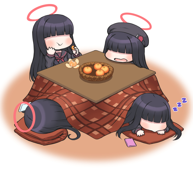 4girls, beret, black_hair, black_hat, black_sailor_collar, black_serafuku, blue_archive, covered_eyes
