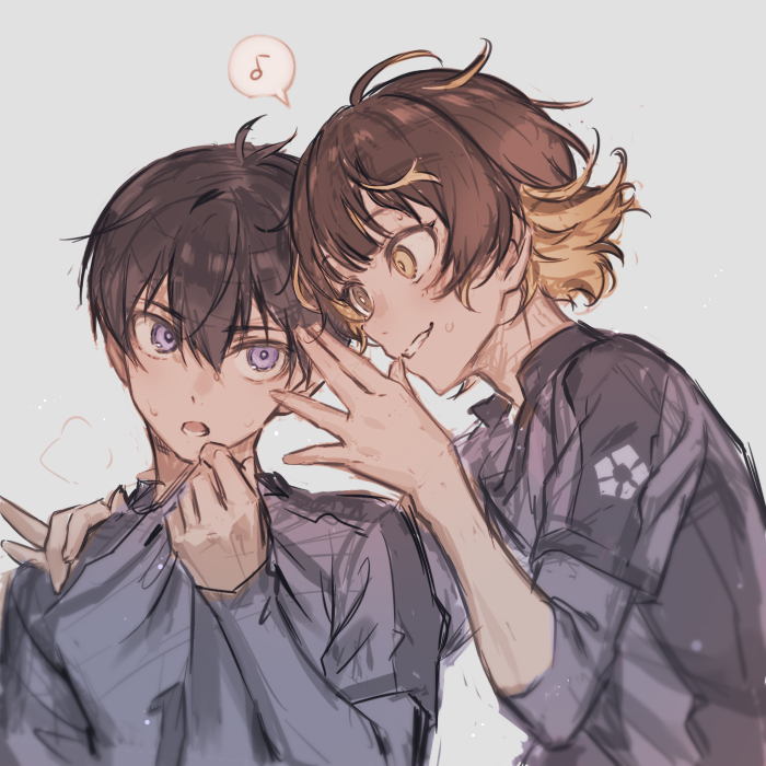 2boys, bachira_meguru, black_hair, blue_eyes, blue_lock, brown_hair, commentary_request, grey_background