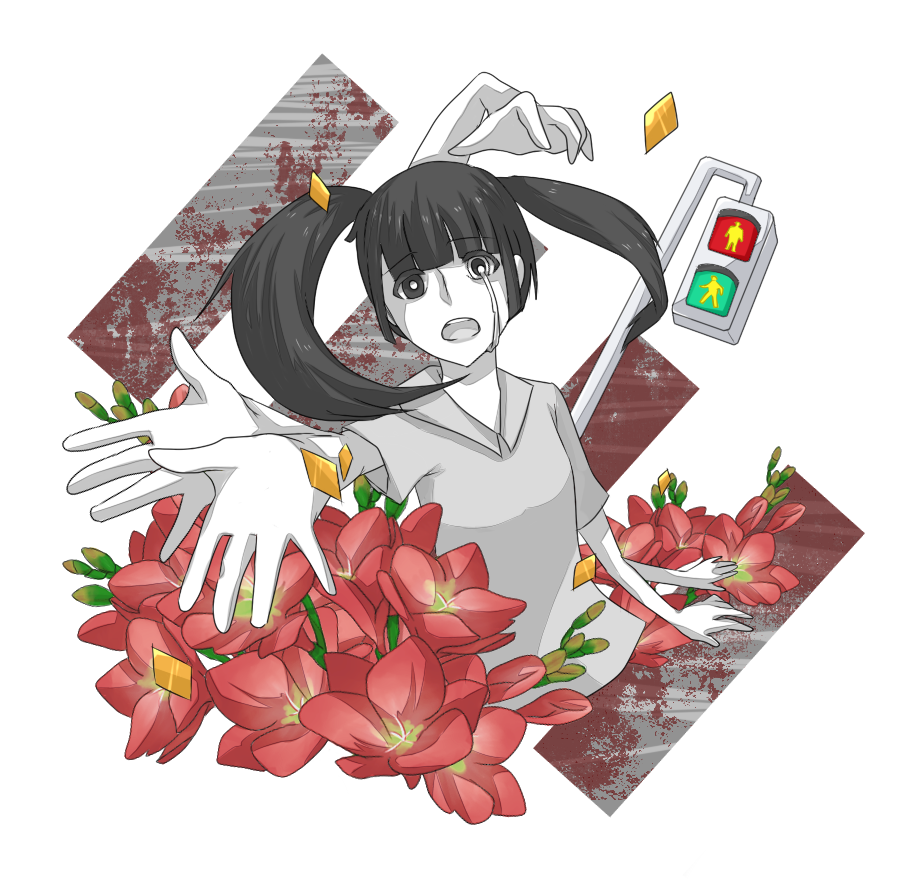 bad_id, ballpen, black_hair, crosswalk, extra_arms, flower, monoko, stoplight