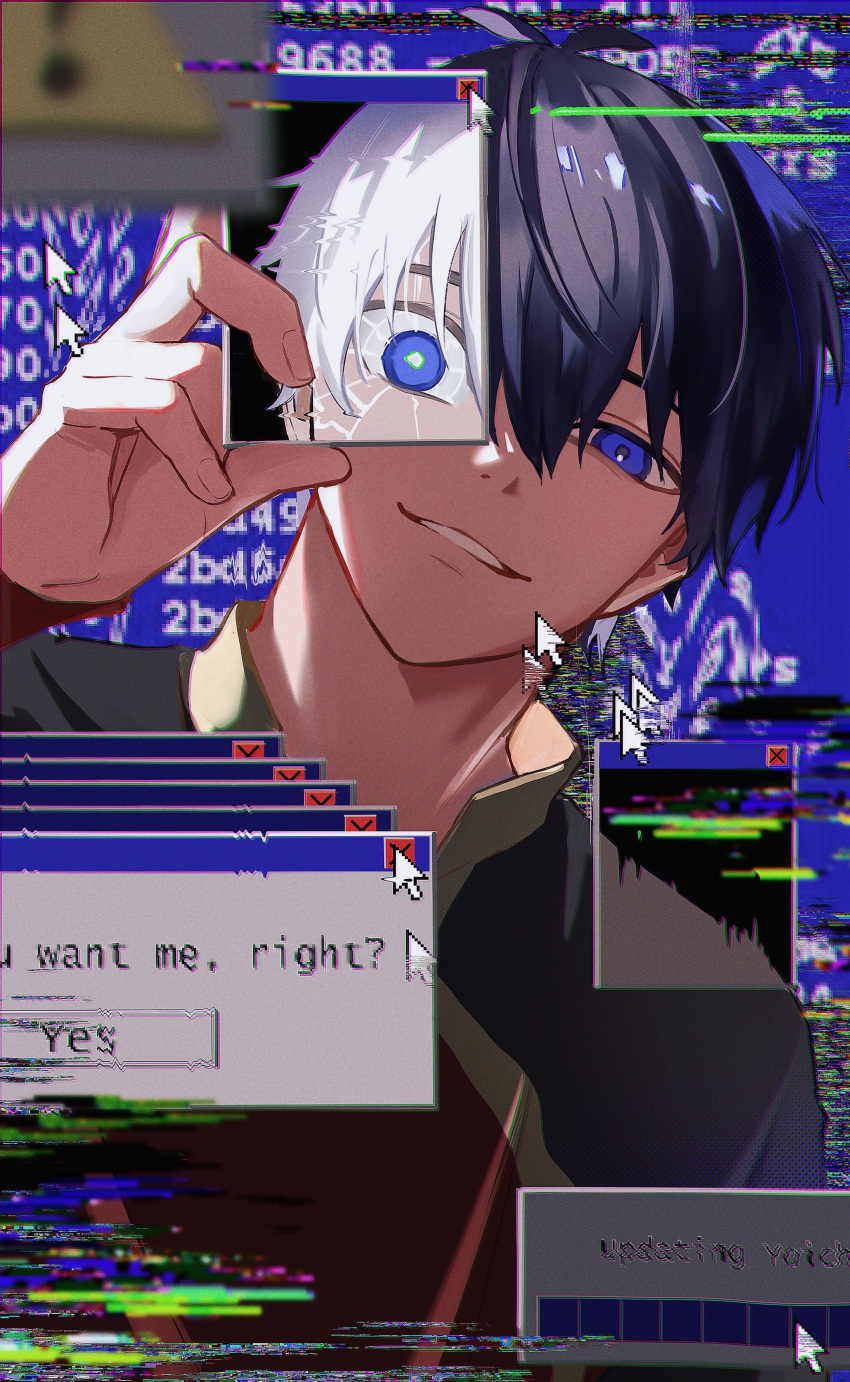 1boy, absurdres, ant_(an_netsu), black_hair, blue_eyes, blue_lock, blue_screen_of_death, commentary, english_text, hair_between_eyes, highres, isagi_yoichi, looking_at_viewer, male_focus, parted_lips, short_hair, smile, solo, teeth, upper_body, white_hair, window_(computing)
