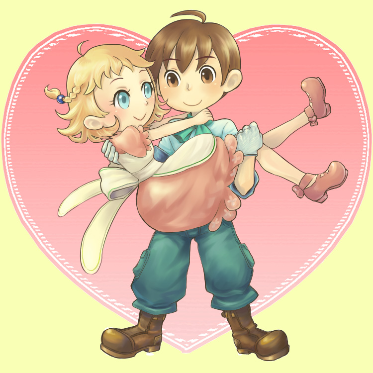 1girl, ahoge, apron, aqua_eyes, blonde_hair, blue_eyes, bokujou_monogatari_(series), boots