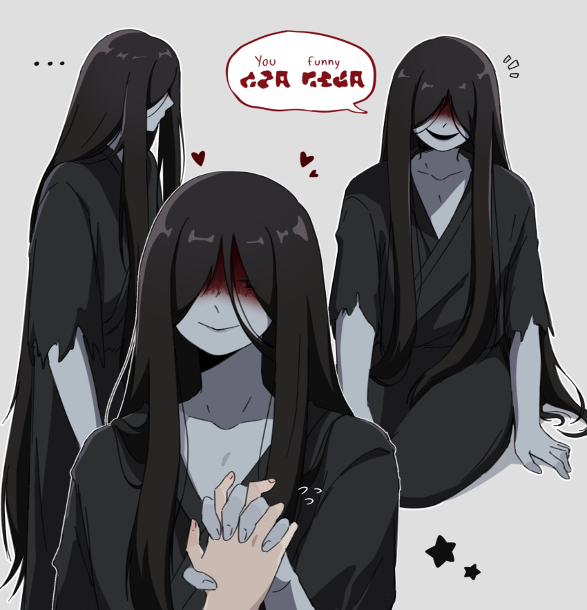 1boy, 1other, black_eyes, black_hair, black_kimono, blood, blood_on_face, bluejasowo