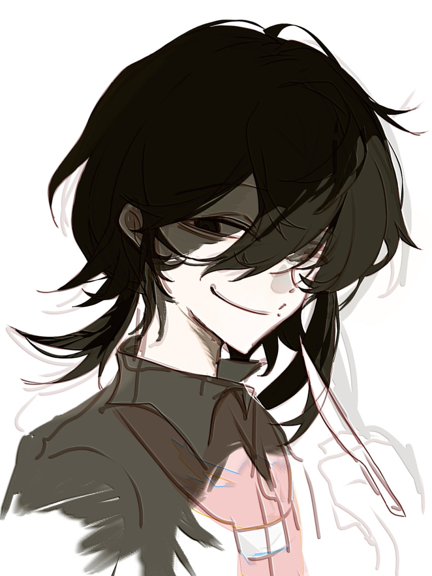 1boy, black_eyes, black_hair, chinese_commentary, closed_mouth, commentary_request, fanguan, grin