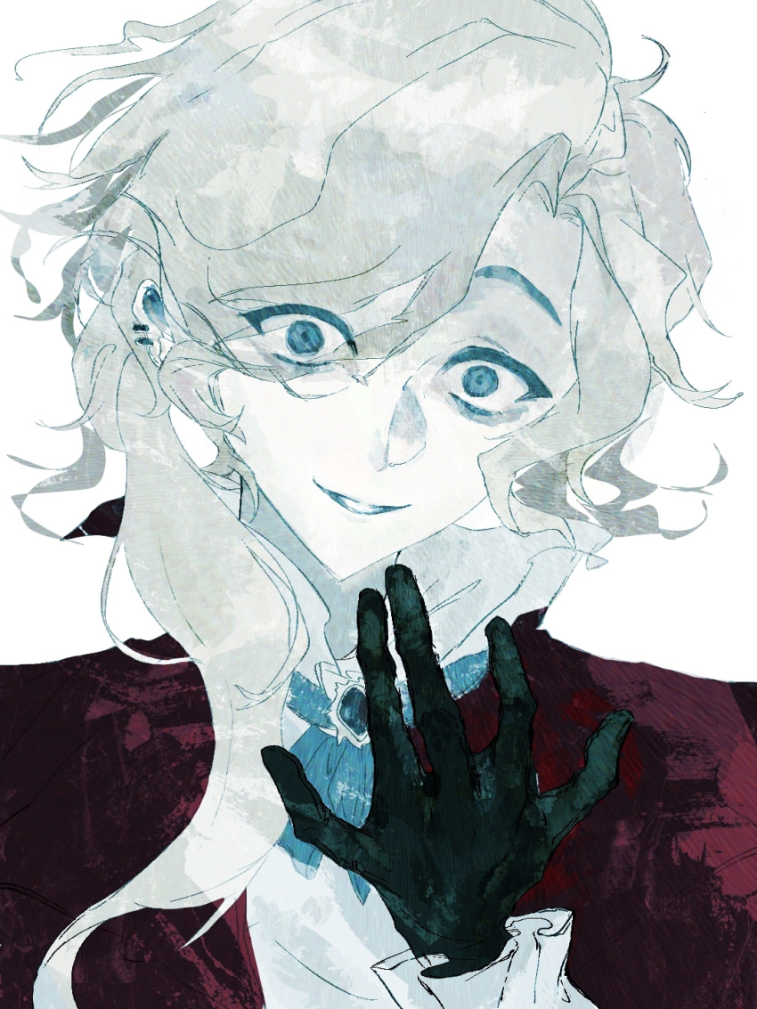 1boy, ascot, black_eyes, black_gloves, blue_ascot, brooch, chinese_commentary, commentary_request