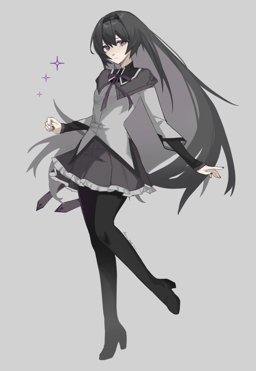 1girl, adou_(mutato), akemi_homura, akemi_homura_(magical_girl), black_footwear, black_hair, black_nails, dated