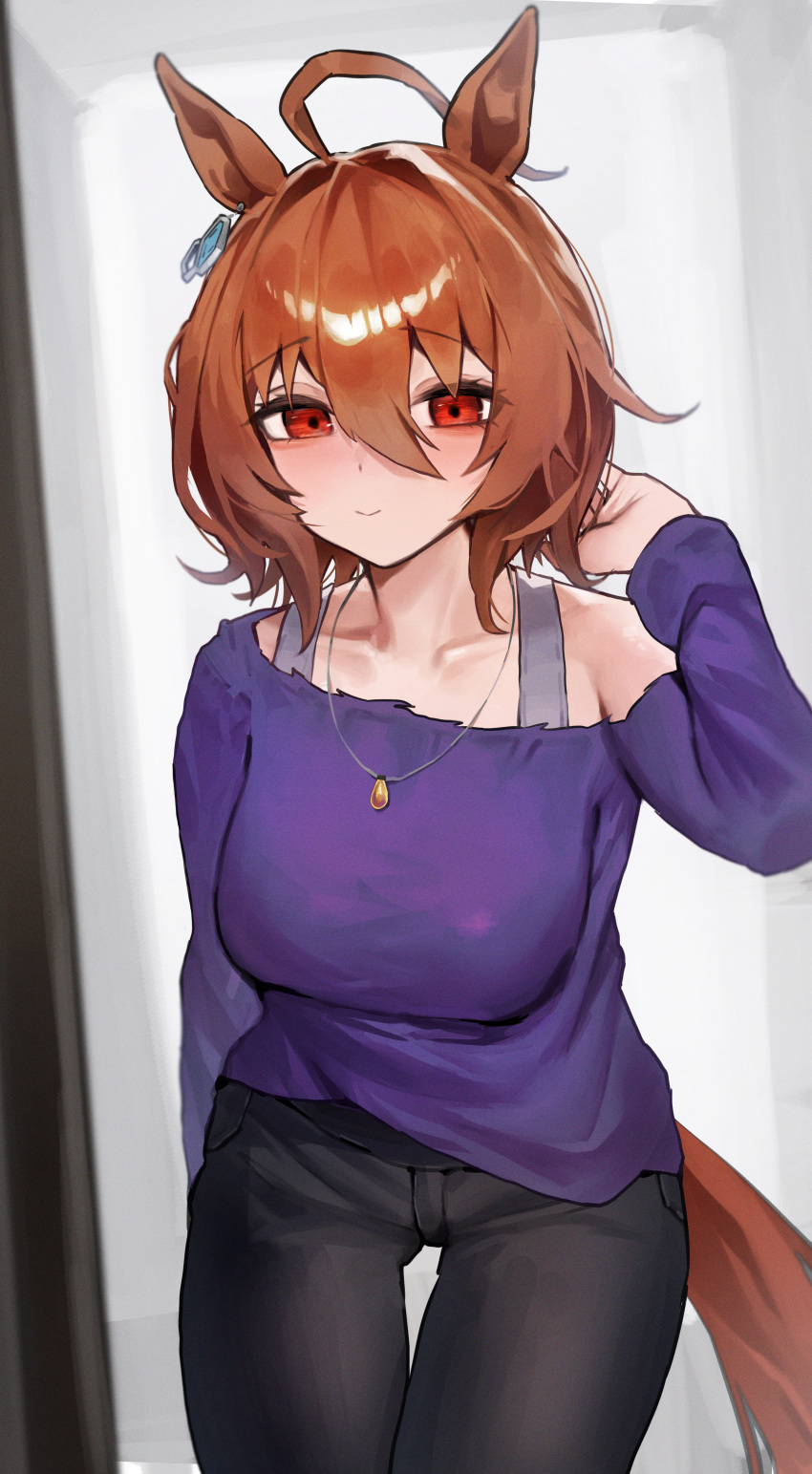 1girl, absurdres, agnes_tachyon_(umamusume), ahoge, animal_ears, black_pants, blush, bra_strap