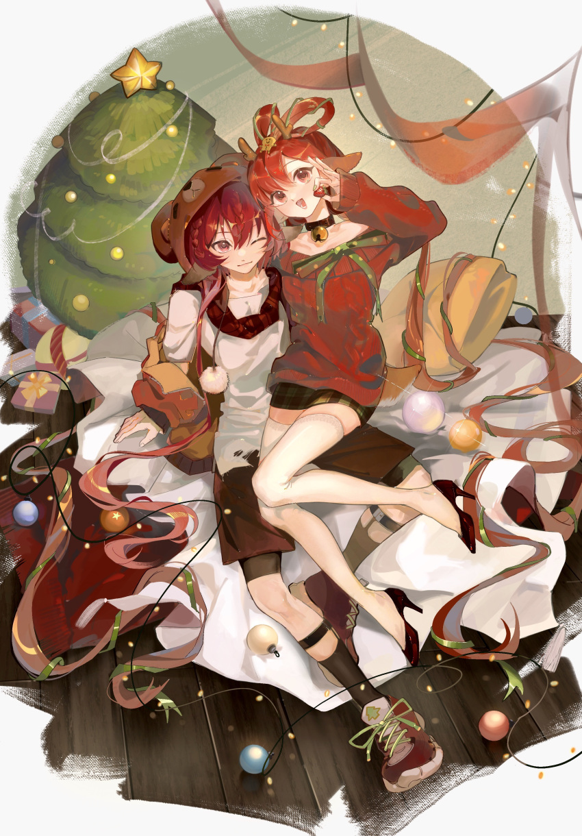 1boy, 1girl, absurdres, animal_ears, antlers, baixiaochimu, bear_hat, bell, bow, braid, brother_and_sister, casual, christmas, christmas_lights, christmas_ornaments, christmas_tree, deer_ears, deer_tail, feixianji_(hairstyle), full_body, hair_ornament, hair_rings, hat, highres, horns, jacket, jewelry, legwear_garter, long_hair, long_sleeves, looking_at_viewer, magi_the_labyrinth_of_magic, neck_bell, one_eye_closed, open_mouth, otoko_no_ko, red_eyes, red_hair, reindeer_antlers, reindeer_boy, reindeer_girl, ren_kougyoku, ren_kouha, scarf, shoes, shorts, siblings, sitting, sitting_on_lap, sitting_on_person, skirt, smile, sneakers, socks, sweater, tail, thigh-highs, white_thighhighs