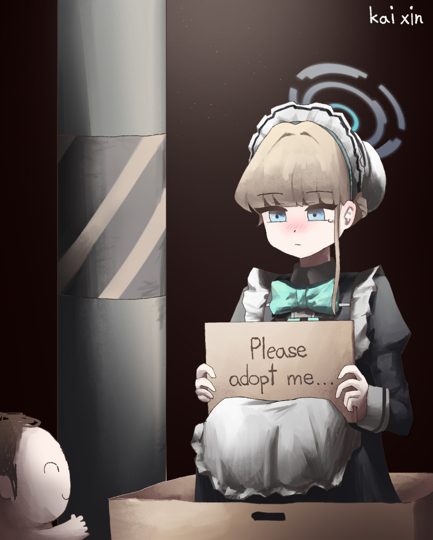 1boy, 1girl, absurdres, apron, black_dress, blonde_hair, blue_archive, blue_eyes