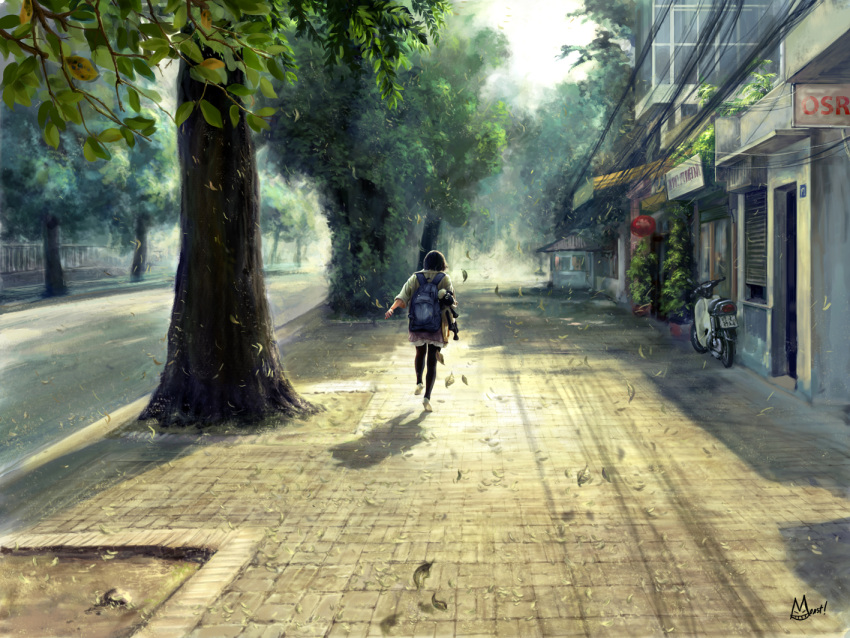 1girl, black_hair, black_pantyhose, day, door, falling_leaves, from_behind, leaf