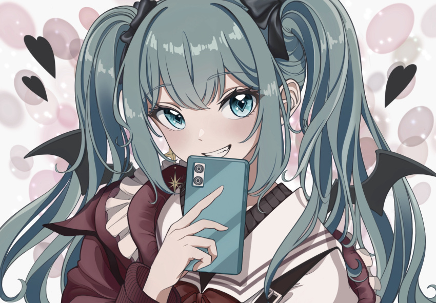 1girl, black_bow, black_wings, bow, cellphone, green_eyes, green_hair, hair_bow