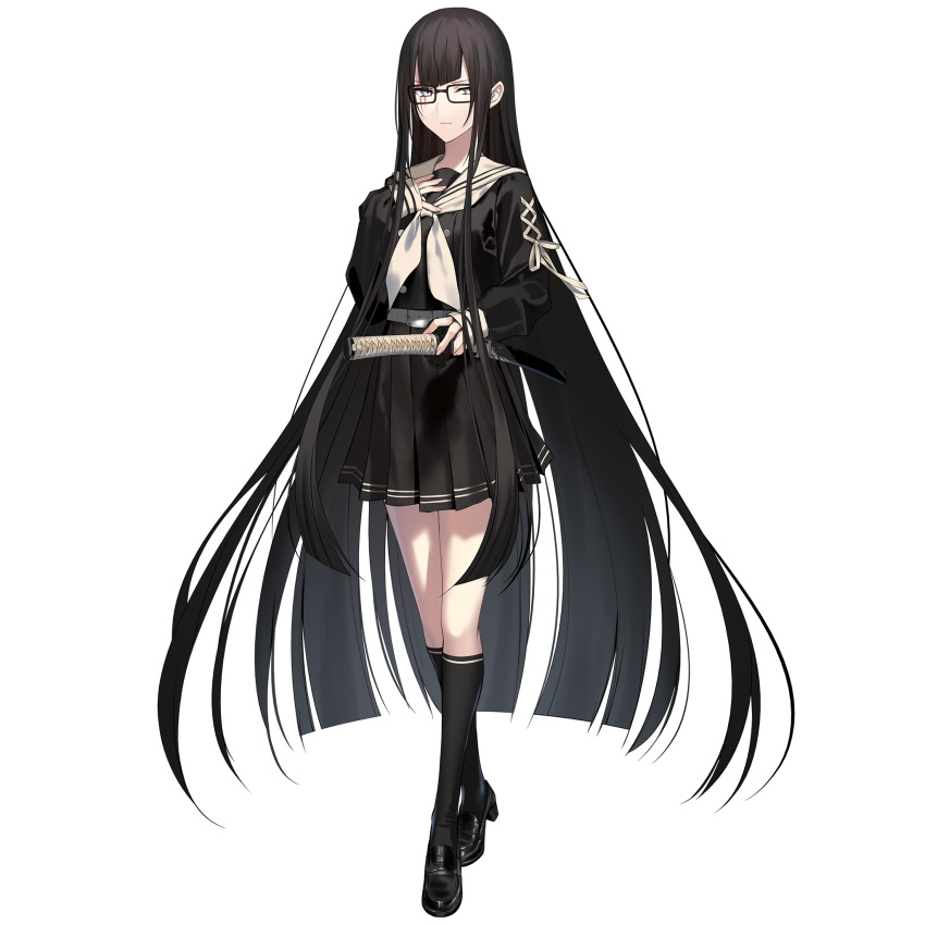 1girl, belt, black_footwear, black_hair, black_serafuku, black_shirt, black_skirt, black_socks, cross-laced_clothes, cross-laced_sleeves, diagonal_bangs, fate/grand_order, fate_(series), full_body, game_cg, glasses, grey_eyes, hand_on_weapon, highres, holding, holding_sword, holding_weapon, katana, kneehighs, kurohime_(fate), loafers, long_hair, long_sleeves, looking_at_viewer, mashima_saki_(mashimasa), neckerchief, official_art, pleated_skirt, rectangular_eyewear, ribbon, sailor_collar, scar, scar_across_eye, school_uniform, serafuku, shirt, shoes, skirt, socks, solo, standing, sword, tachi-e, third-party_source, transparent_background, very_long_hair, weapon, white_belt, white_neckerchief, white_sailor_collar