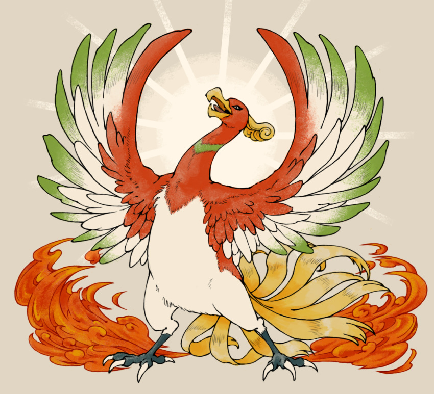 animal_focus, bird, claws, commentary_request, fire, full_body, grey_background, ho-oh