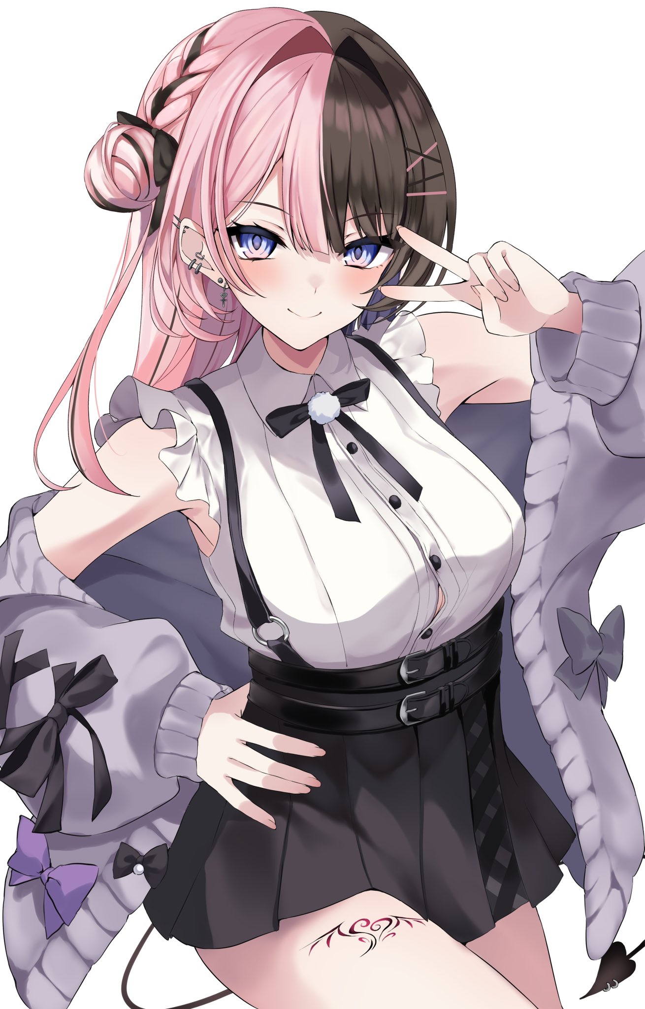 1girl, aran_sweater, argule0901, black_bow, black_bowtie, black_skirt, blue_eyes, bow