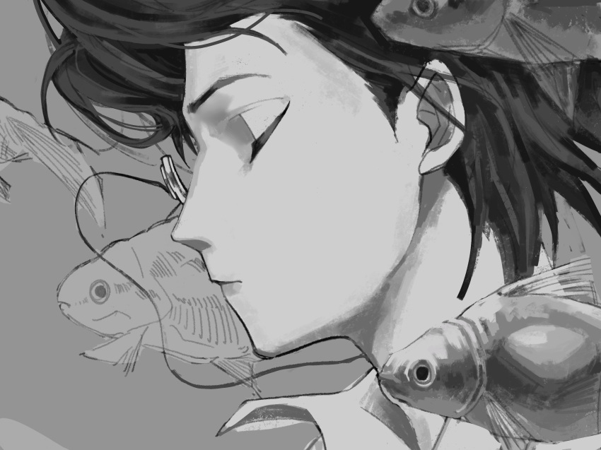 1boy, beijingban18388, chinese_commentary, closed_eyes, closed_mouth, commentary_request, fish, from_side, goldfish, grey_background, greyscale, highres, identity_v, male_focus, monochrome, monocle, monocle_chain, orpheus_(identity_v), profile, short_hair, solo