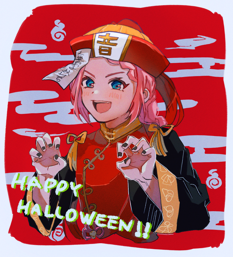 1boy, black_nails, border, braid, chinese_clothes, classicaloid, claw_pose, commentary_request, egasumi, grey_border, happy_halloween, hat, hitodama, jiangshi_costume, long_sleeves, looking_at_viewer, male_focus, me_(miro_0220), ofuda, ofuda_on_head, open_mouth, partial_commentary, pink_hair, red_hat, solo, teeth, translation_request, upper_teeth_only, wolfgang_amadeus_mozart_(classicaloid)