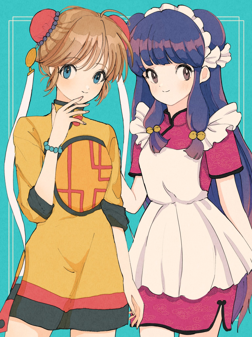 2girls, alleycat0410, apron, bell, blue_background, blue_eyes, brown_eyes, brown_hair