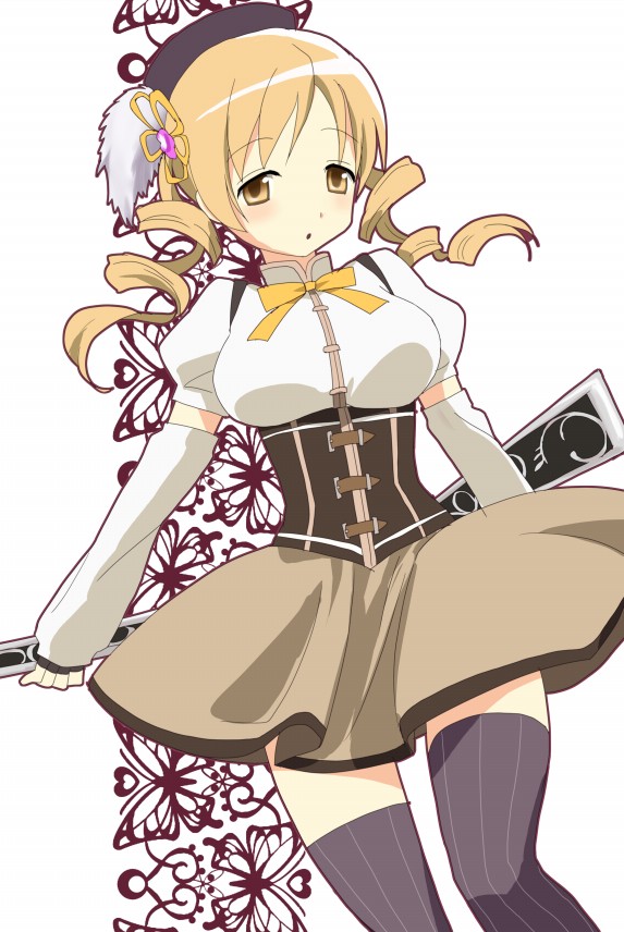 beret, blonde_hair, boots, bow, brown_dress, corset, detached_sleeves, dress