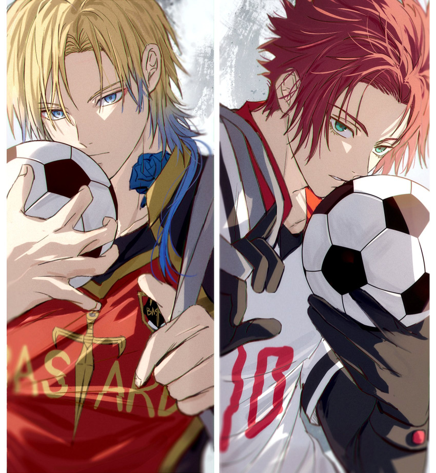 2boys, ball, black_gloves, blonde_hair, blue_eyes, blue_lock, character_request, closed_mouth