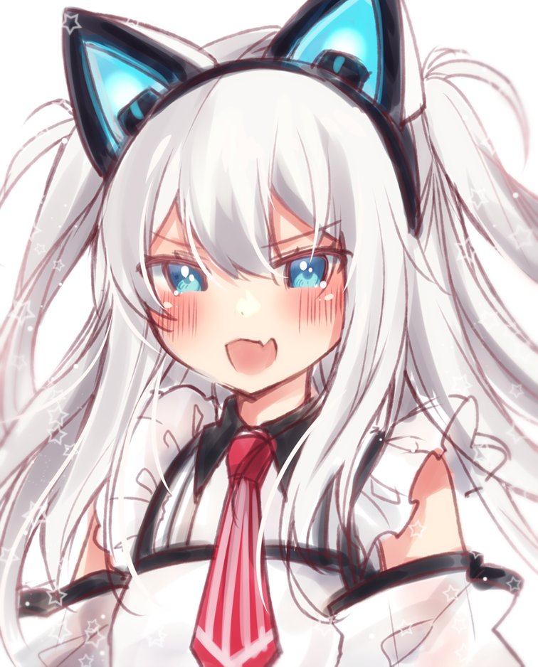 1girl, :d, animal_ears, azur_lane, blue_eyes, blush, cat_ears, detached_sleeves, dress, fake_animal_ears, fang, frilled_dress, frills, hammann_(azur_lane), hammann_ii_(azur_lane), hayaman396, long_hair, looking_at_viewer, necktie, open_mouth, red_necktie, simple_background, sketch, skin_fang, smile, solo, two_side_up, upper_body, white_background, white_dress, white_hair