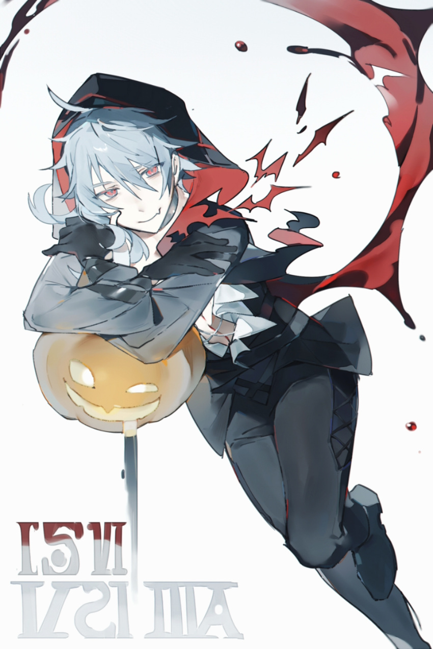 1boy, aldrich_(forever_7th_capital), black_footwear, black_gloves, black_jacket, black_pants, chinese_commentary, closed_mouth, commentary_request, fang, foot_up, forever_7th_capital, gloves, grey_hair, hair_between_eyes, highres, hood, hood_up, hooded_jacket, jacket, long_hair, male_focus, pants, red_eyes, shirt, skin_fang, smile, solo, tie_fei_wu_mang_dashuai, white_shirt