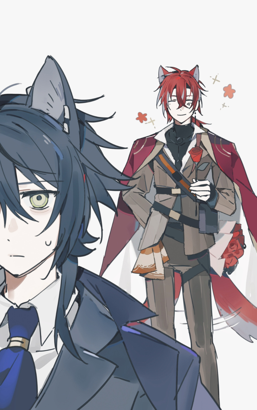 2boys, ^_^, absurdres, animal_ear_piercing, animal_ears, arknights, ascot, black_hair