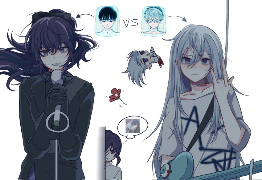 2girls, \m/, alien_stage, arrow_(symbol), asahina_mafuyu, black_bow, black_coat, black_gloves
