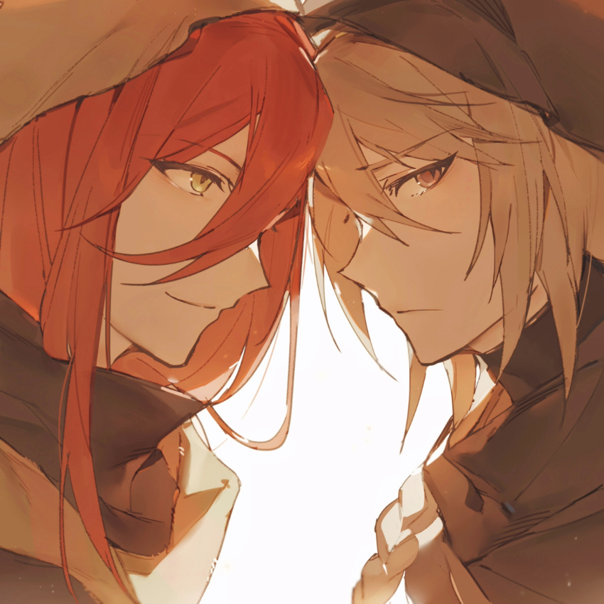 2boys, absurdres, black_shirt, braid, brown_hair, closed_mouth, from_side, frown