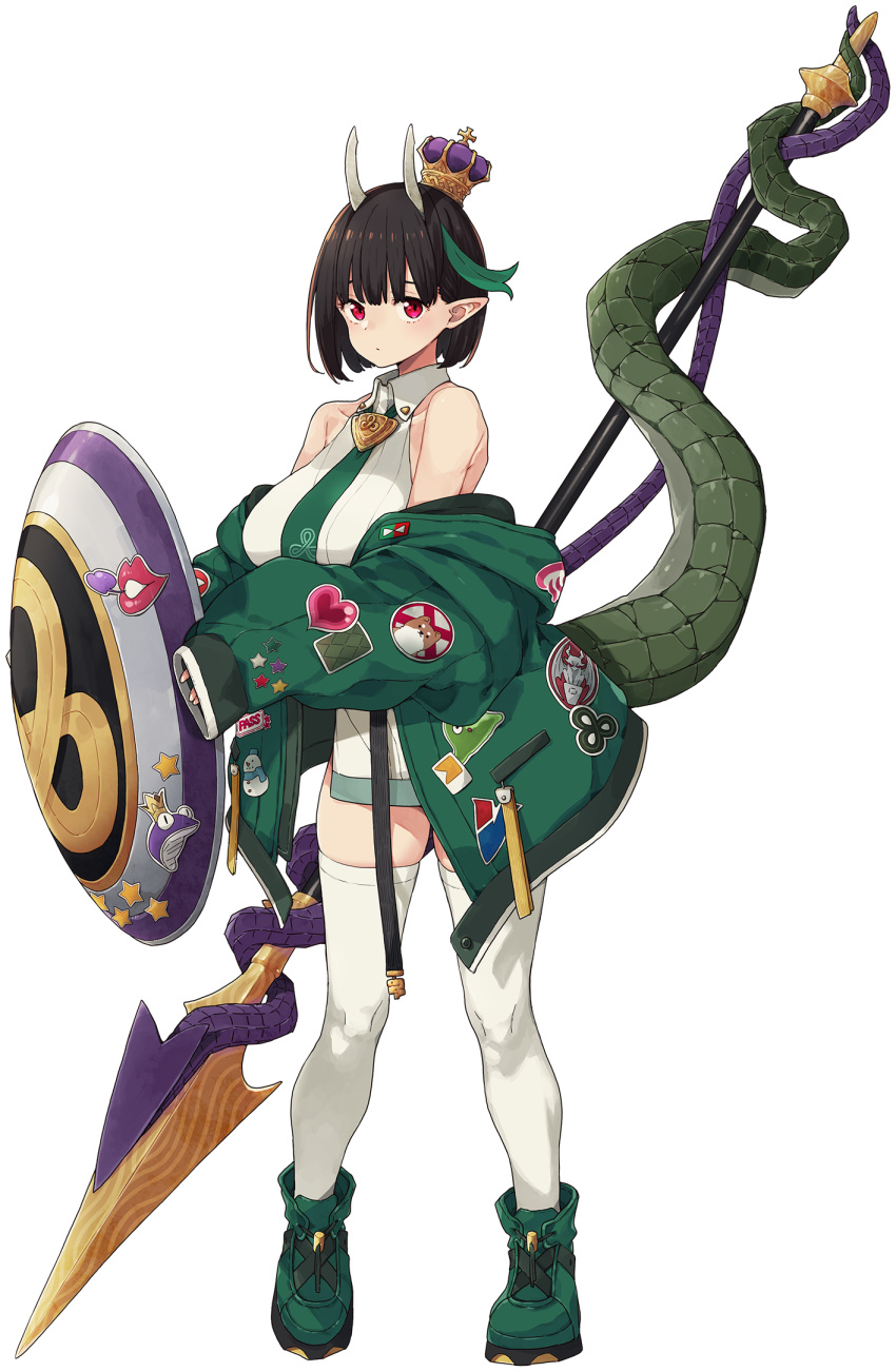 1girl, bare_shoulders, biscione_(fate), black_hair, blush, breasts, crown, dragon_girl