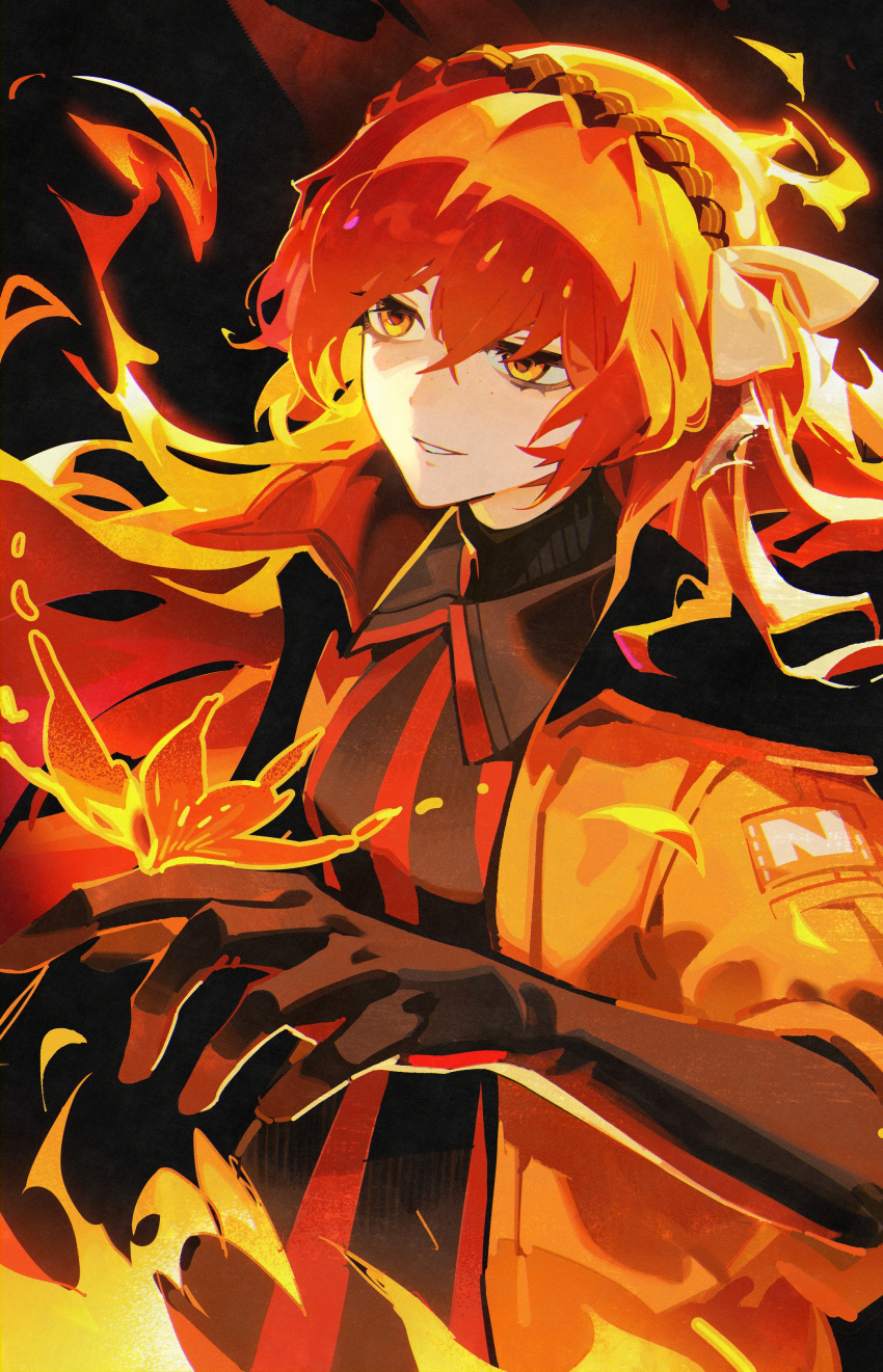 1girl, absurdres, ardor_blossom_star_(e.g.o), black_gloves, bug, butterfly, collar, e.g.o_(project_moon)