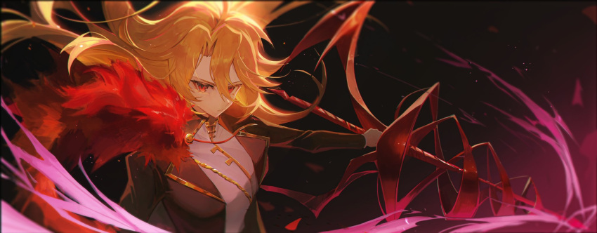 1girl, black_background, blonde_hair, determined, don_quixote_(project_moon), ellen6468, feather_boa, feathers, floating_hair, hair_between_eyes, highres, holding, holding_weapon, la_manchaland_(identity)_(project_moon), light_frown, limbus_company, long_hair, looking_at_viewer, project_moon, red_eyes, red_feathers, sancho_(project_moon), solo, upper_body, weapon