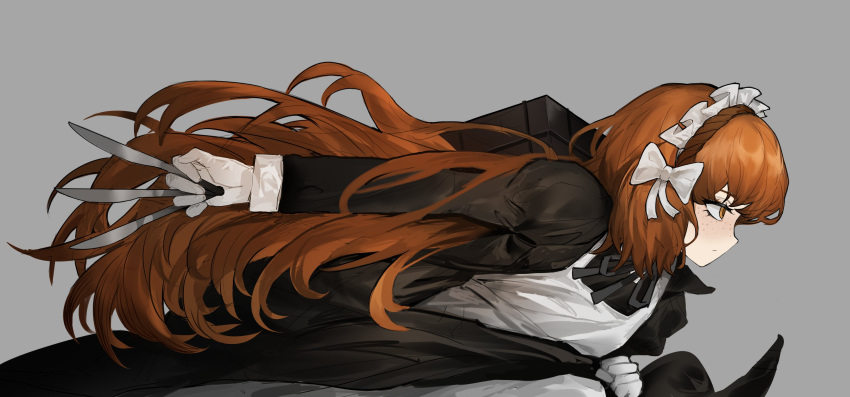 1girl, anli_(jwcpp4sum0mgk5r), apron, black_dress, black_ribbon, dress, freckles, from_side, gloves, grey_background, highres, holding, holding_knife, ishmael_(project_moon), knife, limbus_company, long_hair, looking_ahead, maid, maid_apron, maid_headdress, neck_ribbon, orange_eyes, orange_hair, project_moon, ribbon, simple_background, solo, white_gloves, wuthering_heights_(identity)_(project_moon)