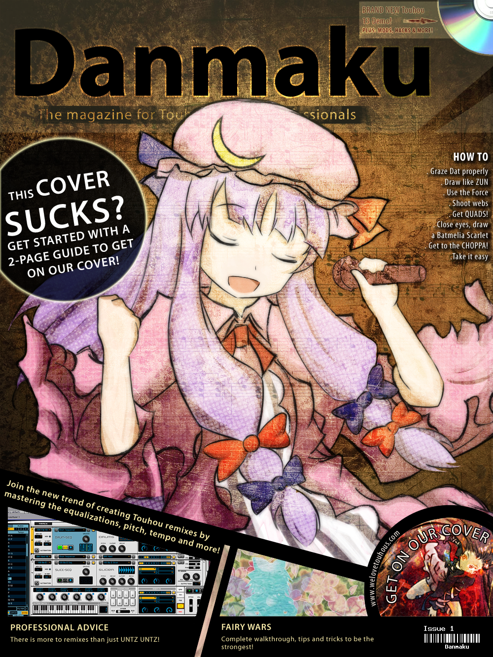 bow, cd, cirno, closed_eyes, cover, crescent, english, eyes_closed, hair_bow, hat, highres, hijiri_byakuren, long_hair, magazine, magazine_cover, microphone, patchouli_knowledge, purple_hair, singing, touhou, yam-potong
