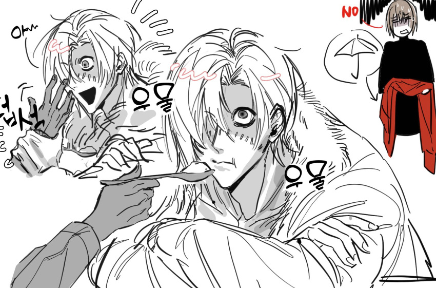 1girl, 2boys, :t, blonde_hair, coat, crossed_arms, eating, feeding