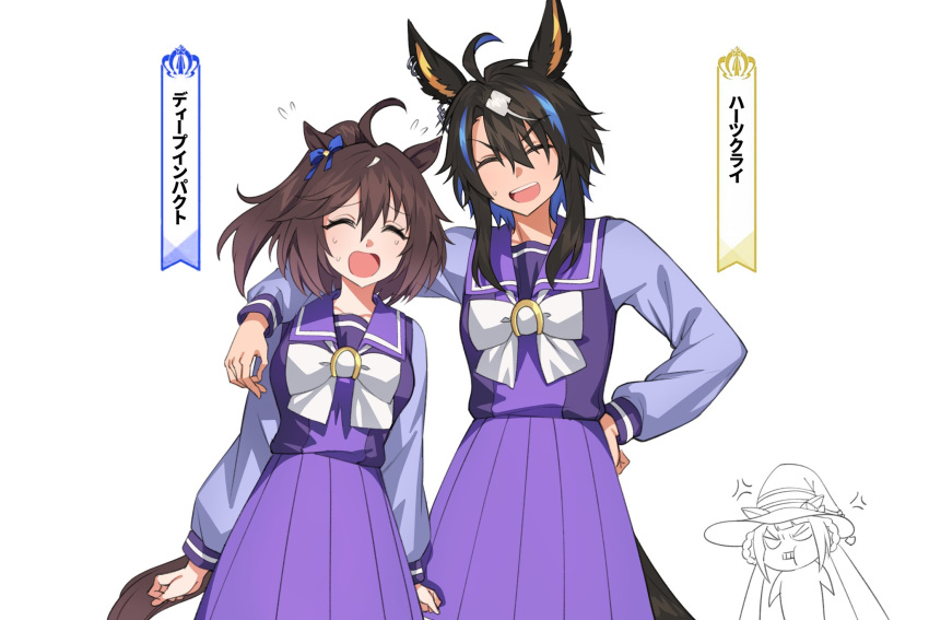 3girls, :t, ahoge, anger_vein, animal_ears, arm_around_shoulder, arms_at_sides, black_hair