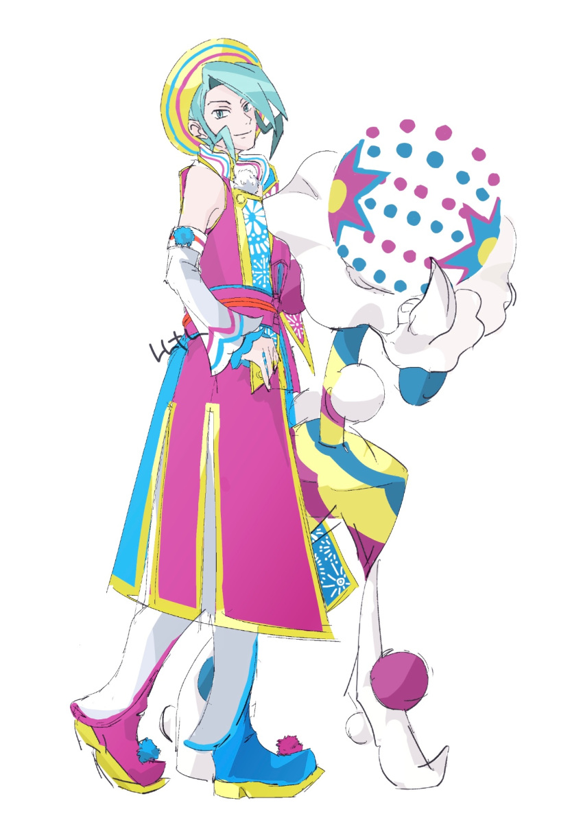 1boy, 6l226, blacephalon, closed_mouth, coat, detached_sleeves, green_eyes, green_hair, hat, highres, looking_at_viewer, looking_to_the_side, male_focus, official_alternate_costume, pants, pokemon, pokemon_(creature), pokemon_masters_ex, purple_coat, shoes, short_hair, sideburns, simple_background, smile, standing, wallace_(new_year's_2024)_(pokemon), wallace_(pokemon), white_background, white_pants, yellow_hat