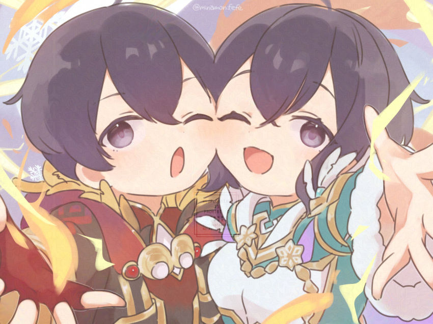 1boy, 1girl, black_hair, cheek-to-cheek, dual_persona, feather_trim, fingerless_gloves, fire_emblem, fire_emblem_awakening, fire_emblem_heroes, fur-trimmed_sleeves, fur_trim, gloves, heads_together, highres, morgan_(female)_(fire_emblem), morgan_(female)_(resplendent)_(fire_emblem), morgan_(fire_emblem), morgan_(male)_(fire_emblem), morgan_(male)_(resplendent)_(fire_emblem), official_alternate_costume, one_eye_closed, open_mouth, reaching, reaching_towards_viewer, signature, smile, sorane_amus, violet_eyes