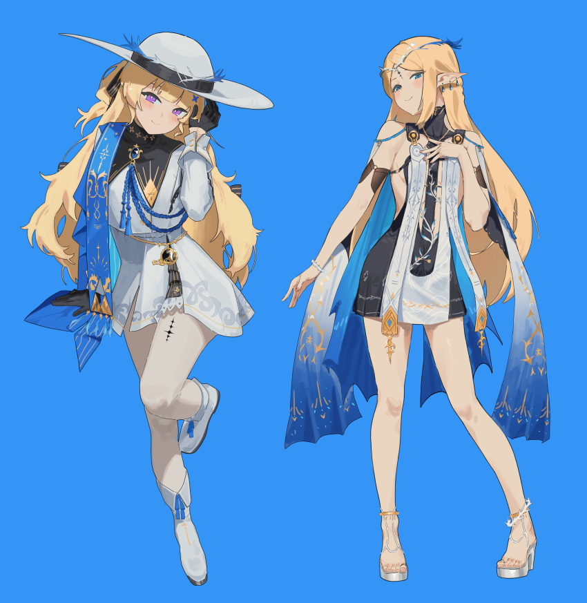 2girls, absurdres, bare_shoulders, black_collar, black_gloves, blonde_hair, blue_background, blue_eyes