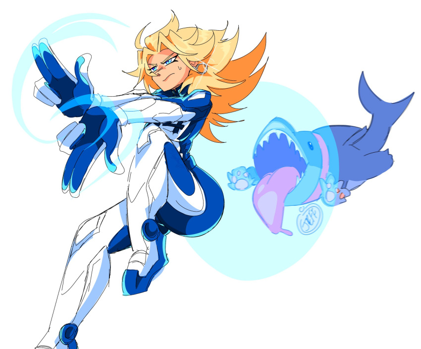 1girl, blonde_hair, blue_bodysuit, blue_eyes, bodysuit, breasts, drag0nartzz, earrings, energy_barrier, fantastic_four, gloves, highres, jeff_the_land_shark, jewelry, long_hair, marvel, marvel_rivals, medium_hair, shark, sue_storm, superhero_costume, two-tone_bodysuit, white_bodysuit