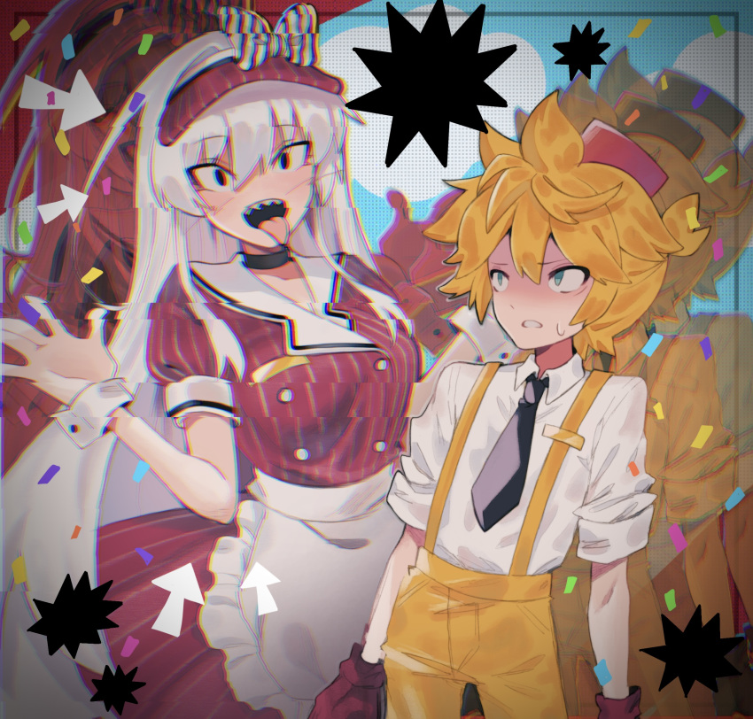 1boy, 1girl, apron, blonde_hair, cami_arriaga_c, crazy_eyes, dress, gloves, highres, kagamine_len, mesmerizer_(vocaloid), pants, red_gloves, sharp_teeth, short_ponytail, spiky_hair, sukone_tei, teeth, utau, visor_cap, vocaloid, waitress, white_apron, yellow_pants