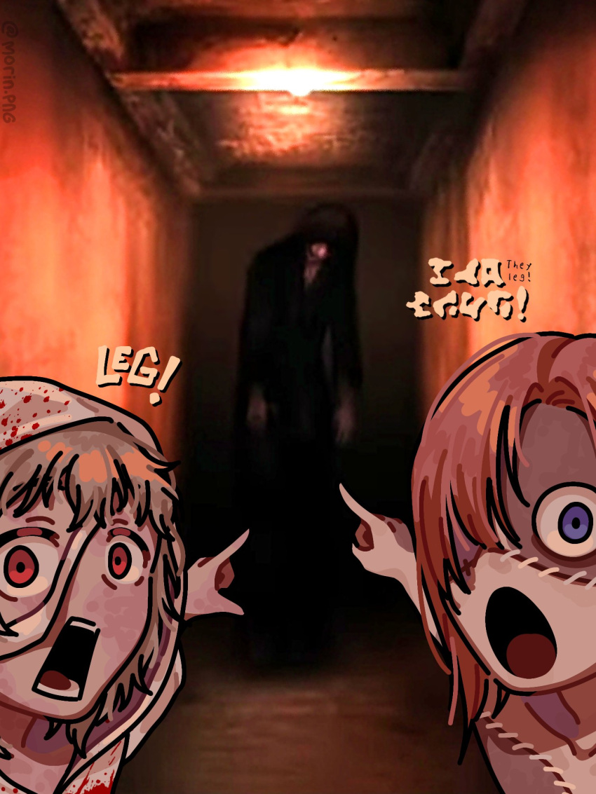 1girl, 2boys, bandages, black_hair, black_kimono, blood, blood_on_clothes, blue_eyes