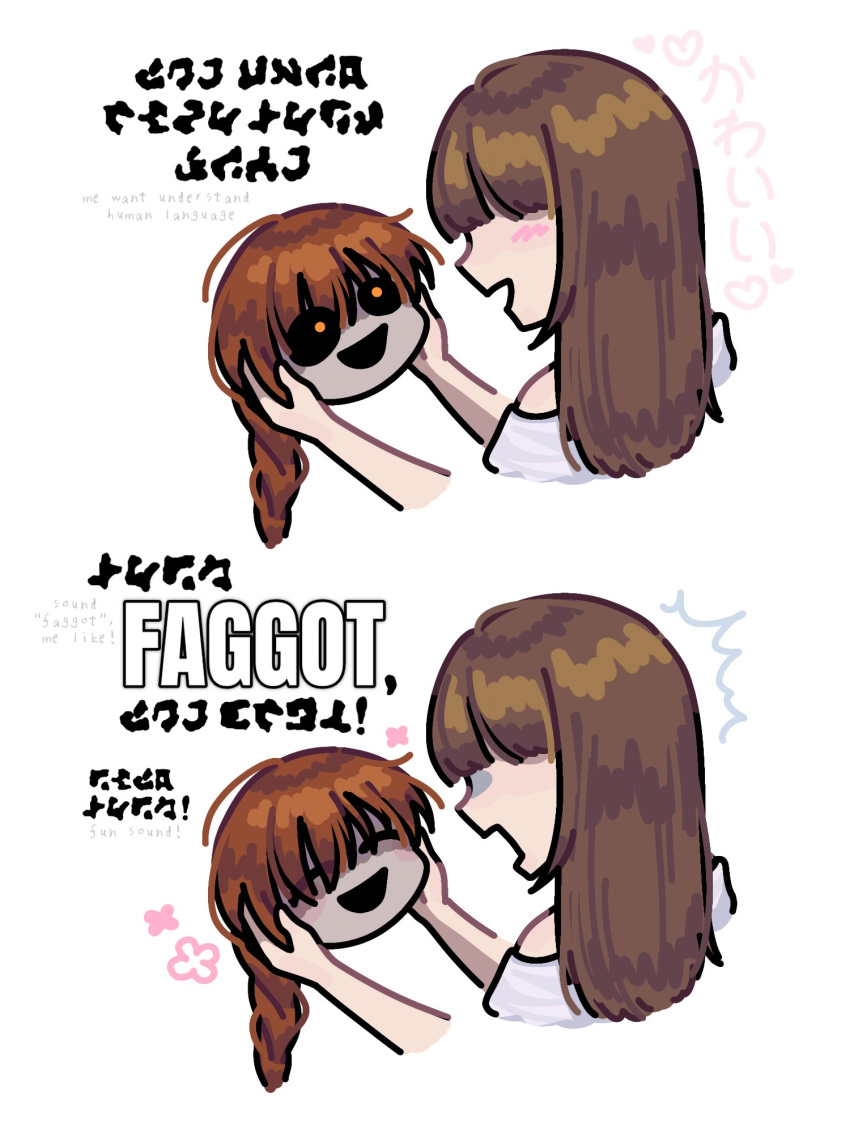 1boy, 1girl, black_sclera, braid, brown_hair, colored_sclera, english_commentary, english_text