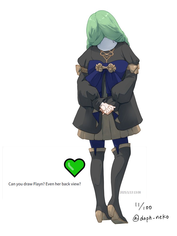 1girl, arms_behind_back, artist_name, back_bow, black_footwear, blue_bow, blue_pantyhose, boots